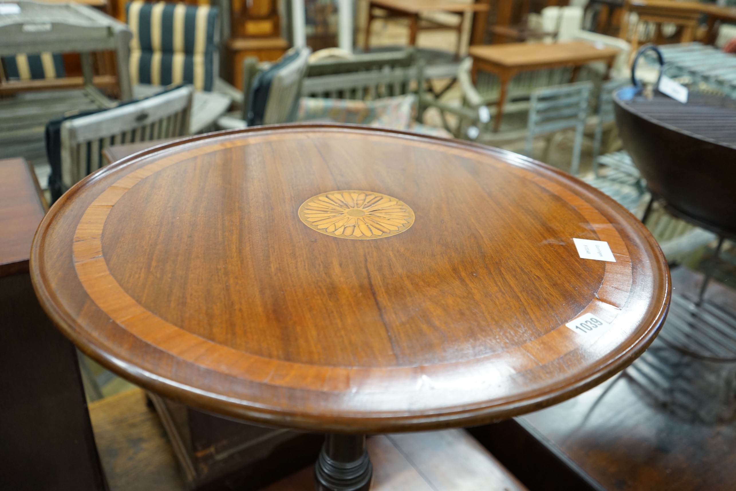 A George III and later circular inlaid mahogany tilt top tripod table, diameter 59cm, height 71cm